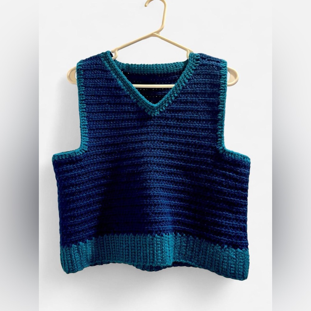 Women's Handmade Crochet Navy and Teal Sweater Vest